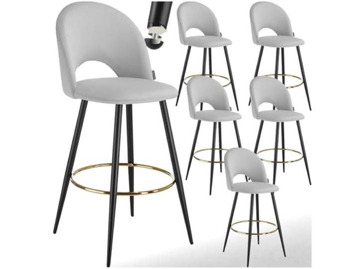 tectake® Samt Barhocker mit Rückenlehne, Bar Hocker, Hocker hoch, Stehhilfe, Barmöbel für Kücheninsel, Hausbar, Bistrostuhl, Sitzhocker, Stehhilfe für Büro, Küchenhocker - hellgrau/schwarz, 6er Set
