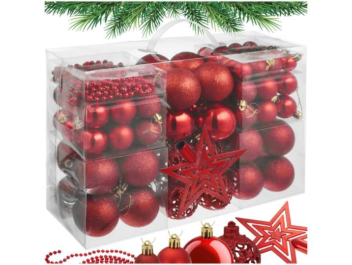 84 Christbaumkugeln unzerbrechlich mit Kette und Stern in Rot - rot