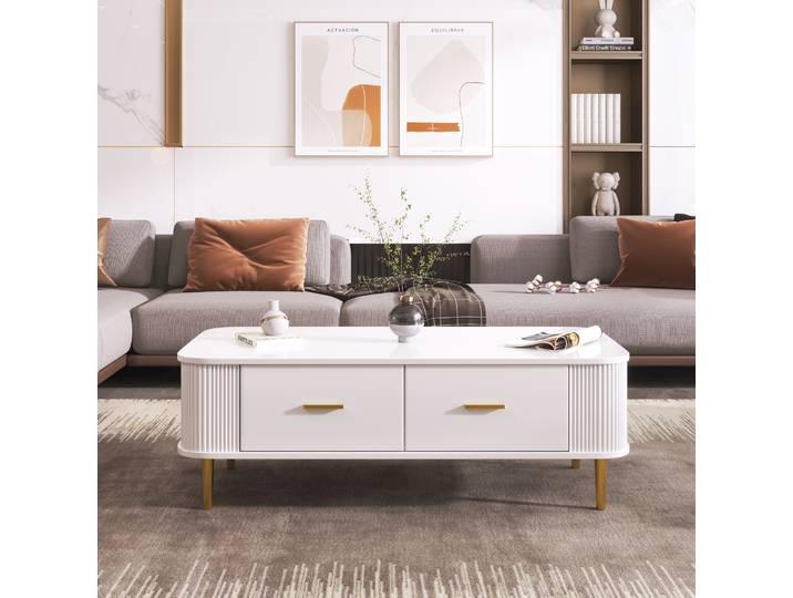 Table basse PINGGO avec tiroirs, coins arrondis, côtés ondulés, poignées et pieds dorés, table d'appoint pour salon