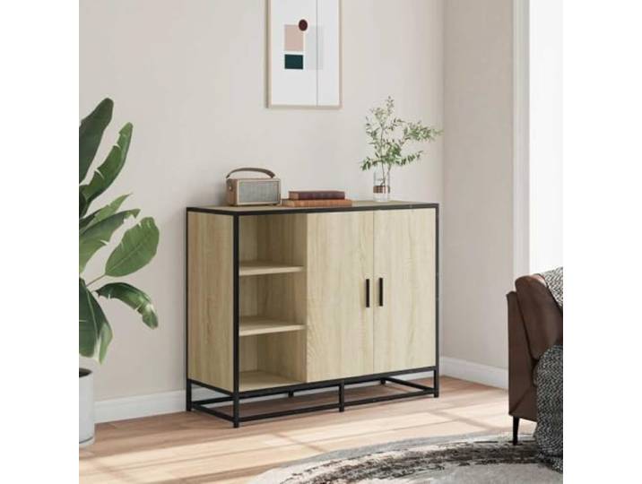 KTHLBRH Sideboard Eiche Sonoma 92 x 35 x 76 cm Spanplatte Metall 2 Türen, großer Raum, Metallrahmen, Industrie-Stil, feuchtigkeitsbeständig