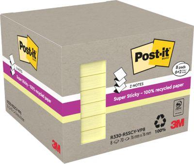 Post-it Super Sticky Z-Notes R330-RSSCY-VP8 Gelb, 76 x 76 mm, 8 Blöcke (560 Blatt), Einhand-Entnahme, 100% Recyclingpapier, PEFC, für Z-Notes Spender
