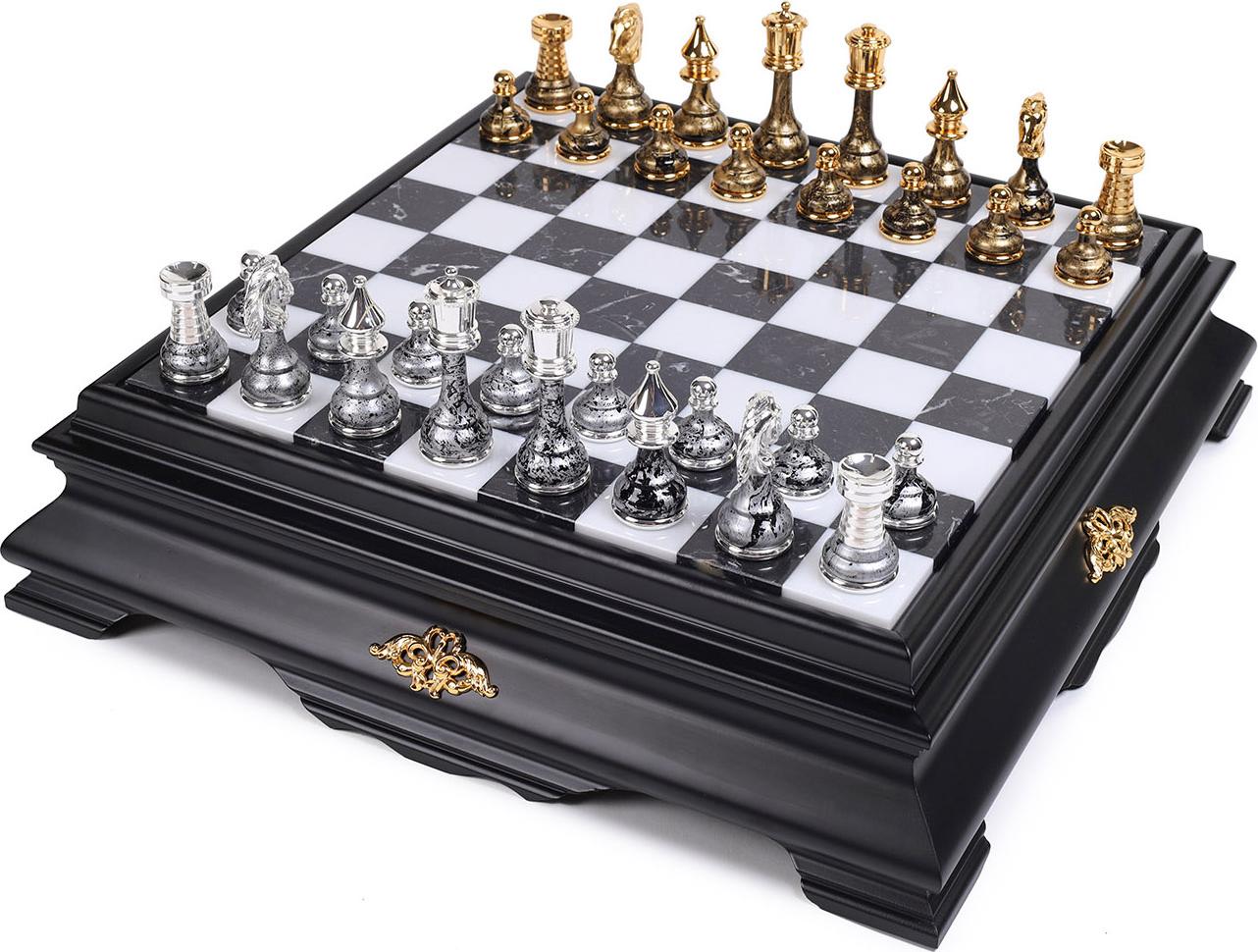 Italienisches Set Messing/Holz Gold/Silber Fantasy + Schachbrett Marmor/Holz 46