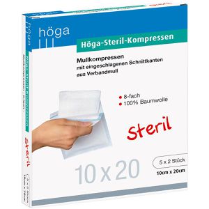 Höga Mullkompressen 04401888, aus Baumwolle, steril, 8-lagig, mit Falzkanten, 10 x 20 cm, 10 Stück