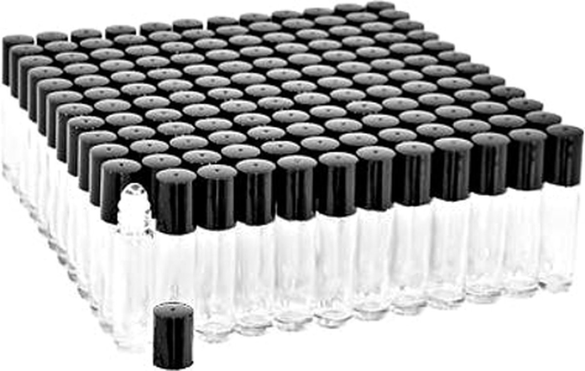 Berivita Rollerflesjes Glas 10ml - 50 stuks - Transparant met Zwarte Dop en RVS Bal - Voor Etherische Olie en Parfum