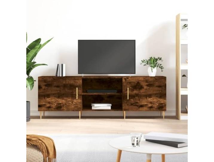 HEFZGDB TV-Schrank Räuchereiche 150x30x50 cm Holzwerkstoff mit 4 Fächern und Eisenbeinen – Robuster Medienschrank mit praktischer Tür und viel Stauraum für Wohnzimmer