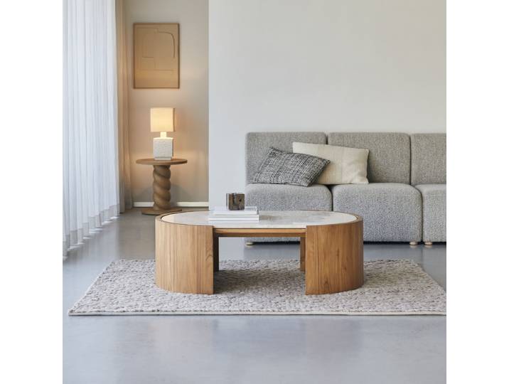 Couchtisch aus massivem Teakholz und Marmor - Natur - Teak