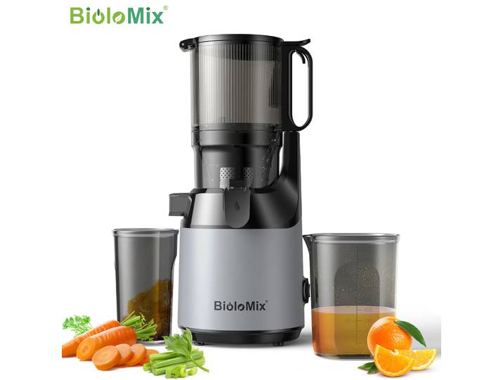 BioloMix Presse-agrumes à pression froide, avec goulotte d'alimentation de 130 mm, adapté aux fruits et légumes entiers, rendement élevé du jus, presse-agrumes à mastication lente sans BPA