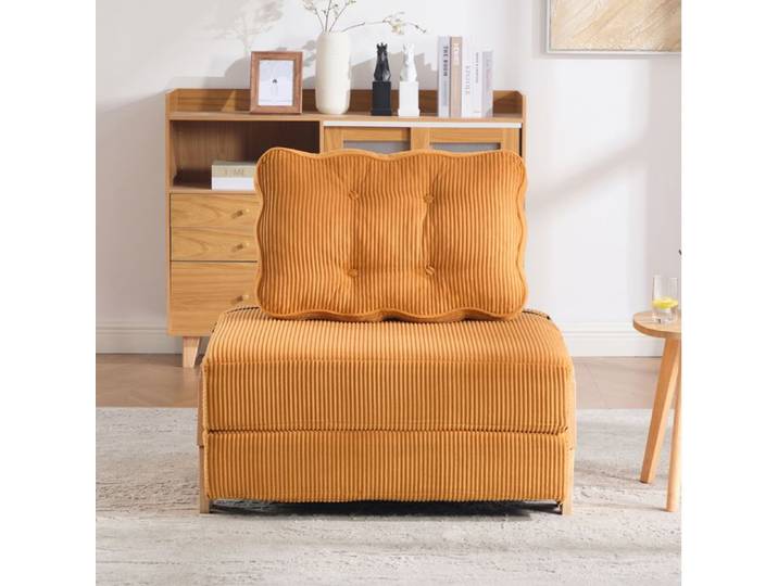 ULEVR Fauteuil convertible 1 place en velours côtelé orange canapé-lit compact style scandinave avec structure en bois
