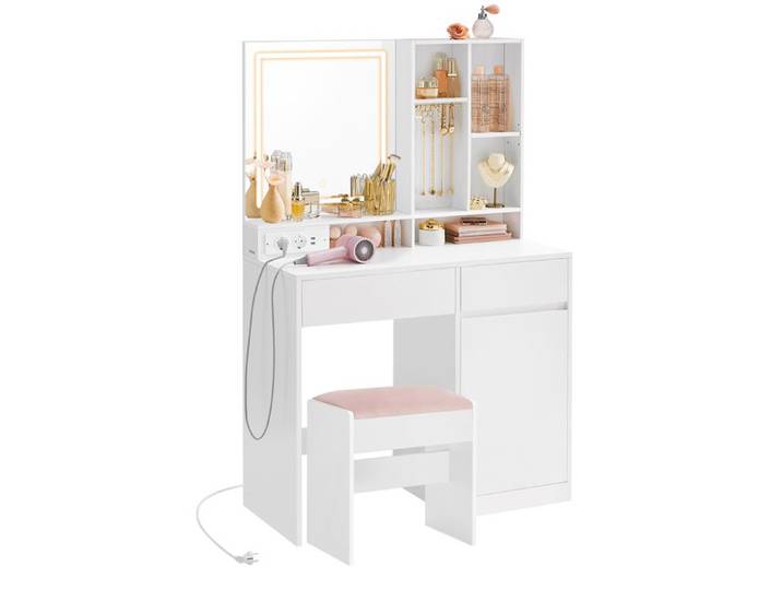 Coiffeuse avec Tabouret de Coiffeuse avec Miroir et Lumière Prise de Courant Largeur de 90 cm Blanc Nuage et Rose Bonbon