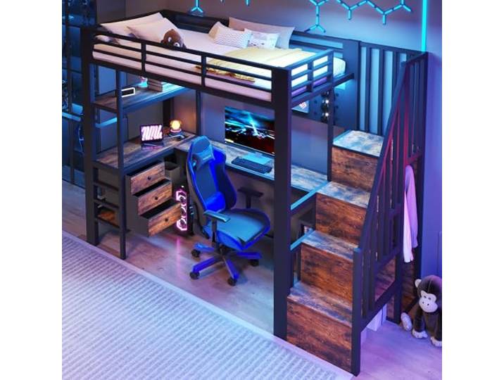 BTM Hochbett Jugendliche 90x200 mit Schreibtisch und Schubladen Schwarz