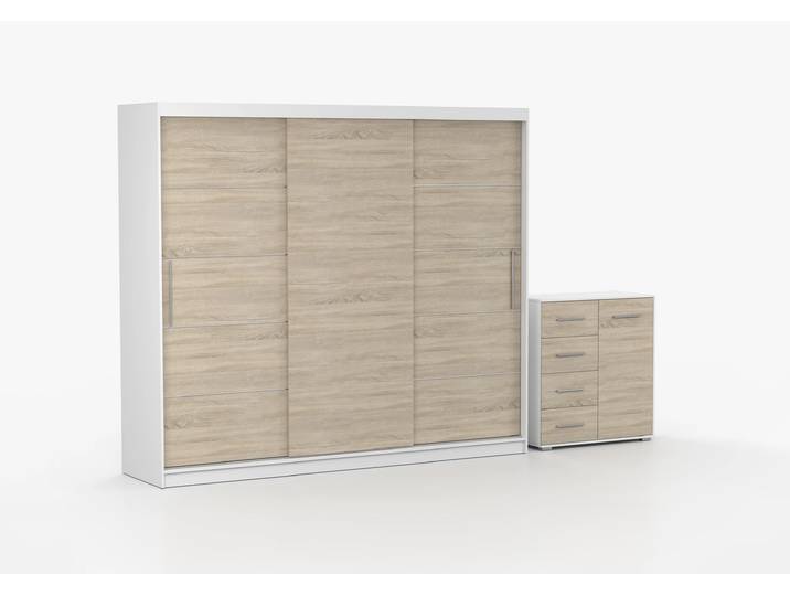 Schwebetürenschrank und Kommode 2er-Set ALBA II/FRIDA MINI 01 Weiß Sonoma Eiche