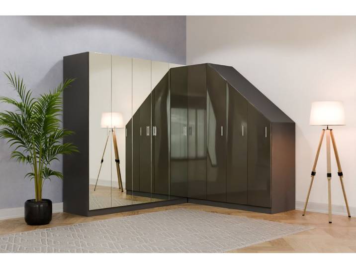 Eckschrank mit Schräge nach Maß - RAL 7013 Braungrau - B175xB202xH201cm - Individuell konfigurieren