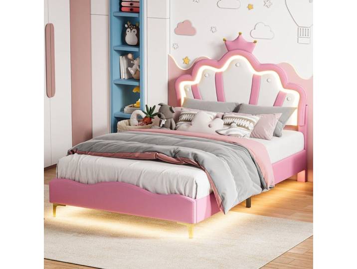 Lit 140x190cm - Lit Enfant 140x190 avec Sommier - Cadre de Lit Rembourré 140x190cm avec Tête de Lit Couronne LED RGB - Rose