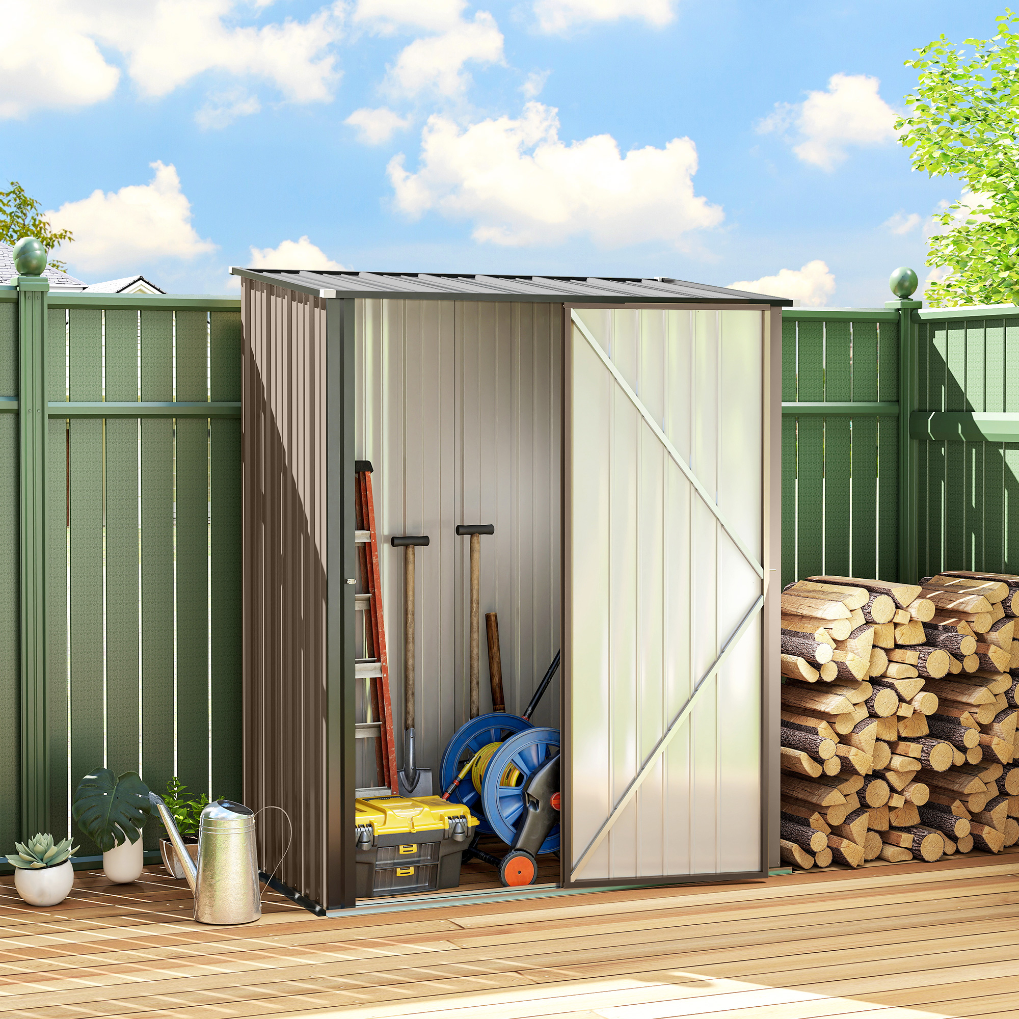 Outsunny Casetta da Giardino in Acciaio Porta Attrezzi con Catenaccio, 161.5x94.5x196cm, Marrone