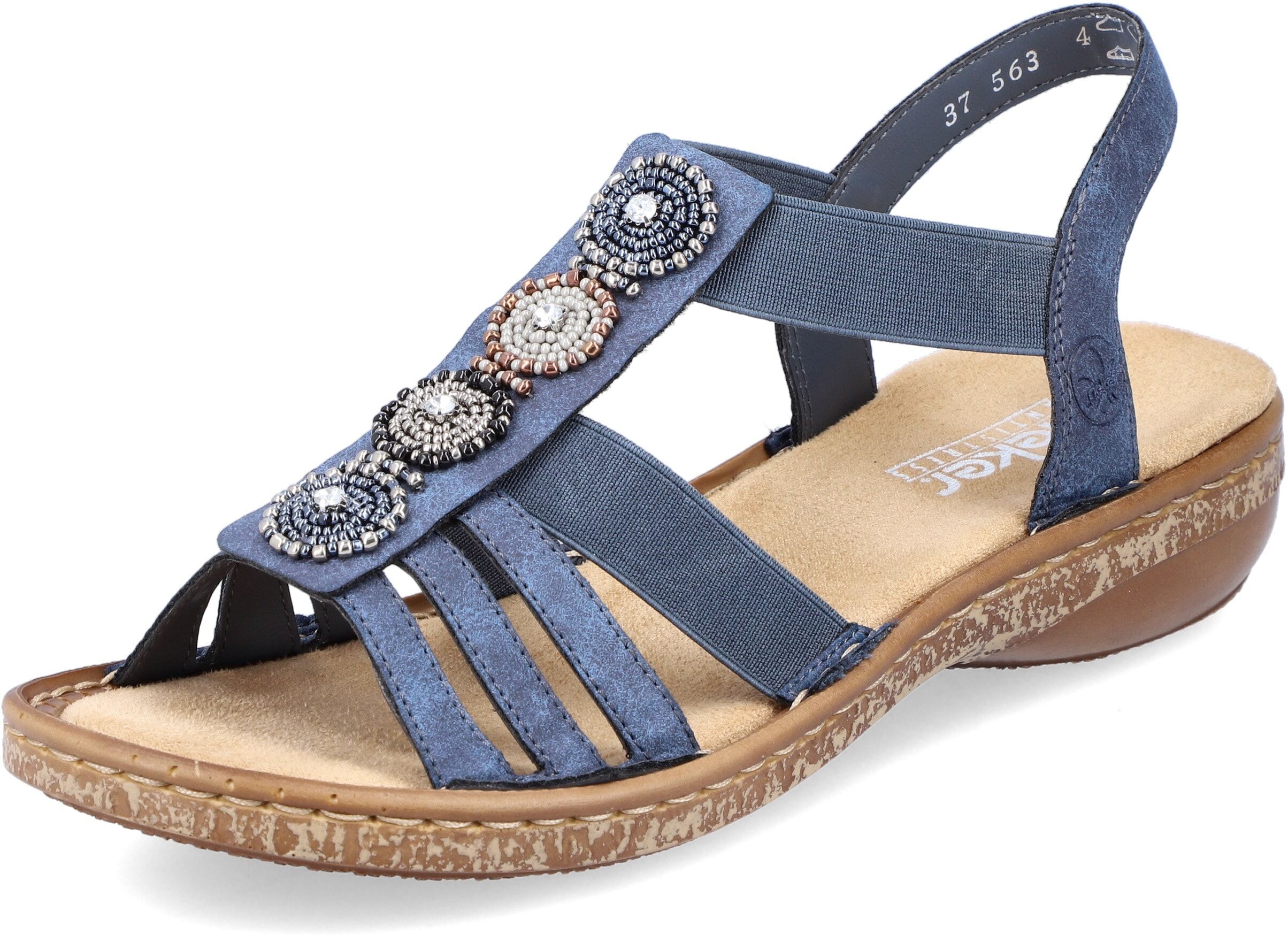 Riemchensandale RIEKER, Damen, Gr. 36, Synthetik, blau, Lederimitat, unifarben, Schuhe Riemchensandale, Sommerschuh, Sandalette, Keilabsatz, mit Zierperlen besetzt