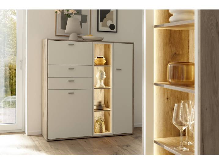 Highboard Santerno , Soft white / Viking Oak , mit Beleuchtung