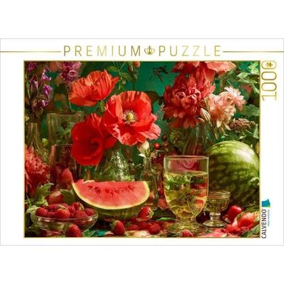 CALVENDO Puzzle Stillleben mit Mohnblumen, Erdbeeren und Wassermelone | 1000 Teile Lege-Größe 64x48cm Foto-Puzzle für glückliche Stunden