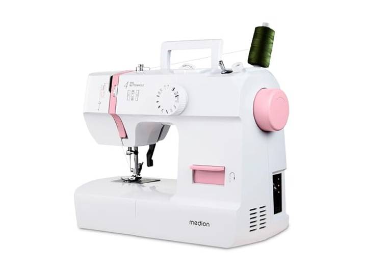 MEDION Nähmaschine SM70-70 Watt, 12 verschiedene Stichmuster - Rosa LED Nählicht, einstellbare Stichlänge, Rückwärtstaste, Fadenschneider, perfekt für Anfänger, MD11179