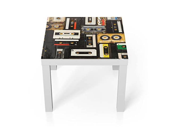 DEQORI Glastisch weiß klein 55x55 cm Motiv Mixtape-Komposition ausgefallener Beistelltisch aus Glas Hochglanz Couchtisch fürs Wohnzimmer moderner Couch Tisch mit Design