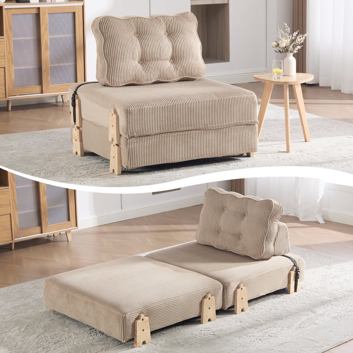 Scandinavische fauteuil van cord in kaki met houten poten, uitklapbare slaapbank en klapbare eenzitsbank