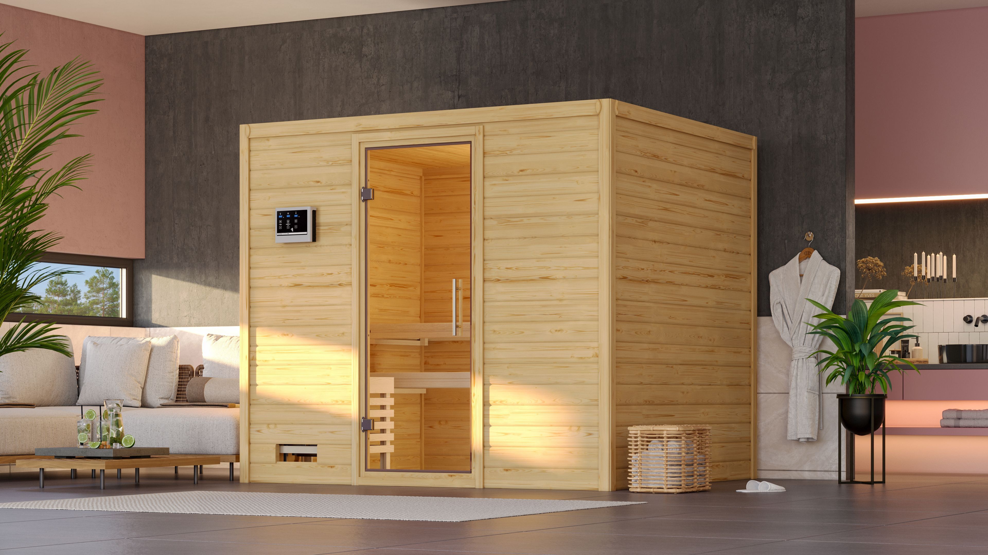 Sauna KARIBU "Soraja", beige (naturbelassen), Bio-Kombiofen, externe Steuerung, 9 kW, Saunen, 9-kW-Bio-Ofen mit externer Steuerung