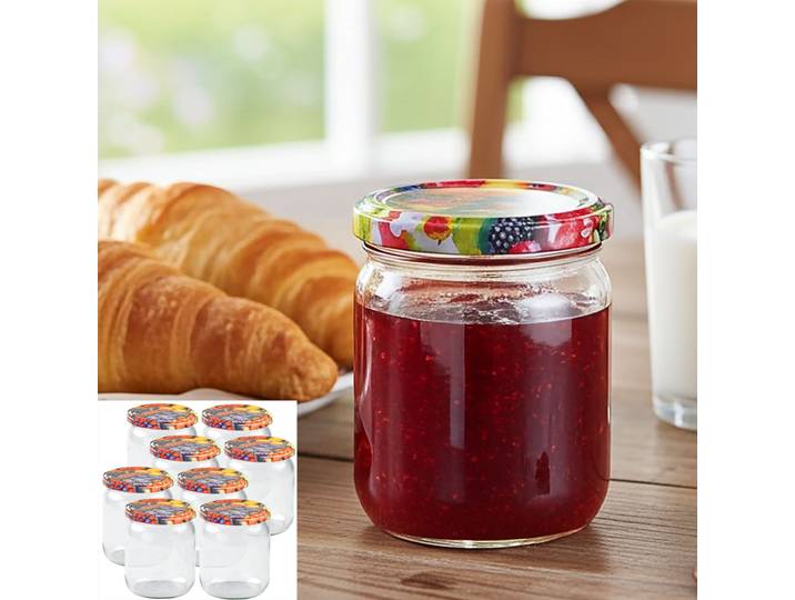 8er-Set Einmachgläser mit Schraubdeckel, Sturzgläser mit Früchte-Muster, je 540 ml