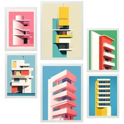 POSTER Set Mit 6 Bauhaus Rosa A3 & A4 Weißer Rahmen