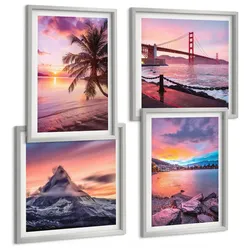 BILDER SET 4er Set - 50x50 cm & 40x60 cm Silberner Rahmen - Sonnenuntergangsbrücke Landschaft