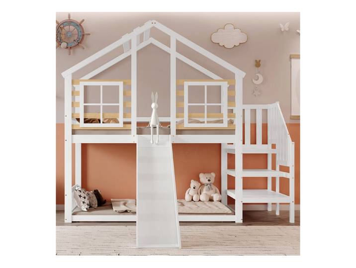 Odikalo Kinderbett Etagenbett mit Treppe,Rutsche,Fenster,Absturzsicherung,Weiß(90x200 cm)