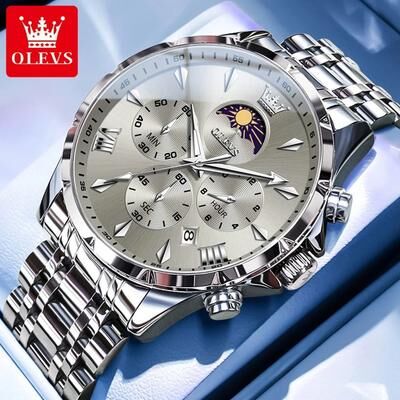 Uplifted Goods Luxury Mens Chronograph Watch With Moon Phase And Waterproof Design sliver Grey Face