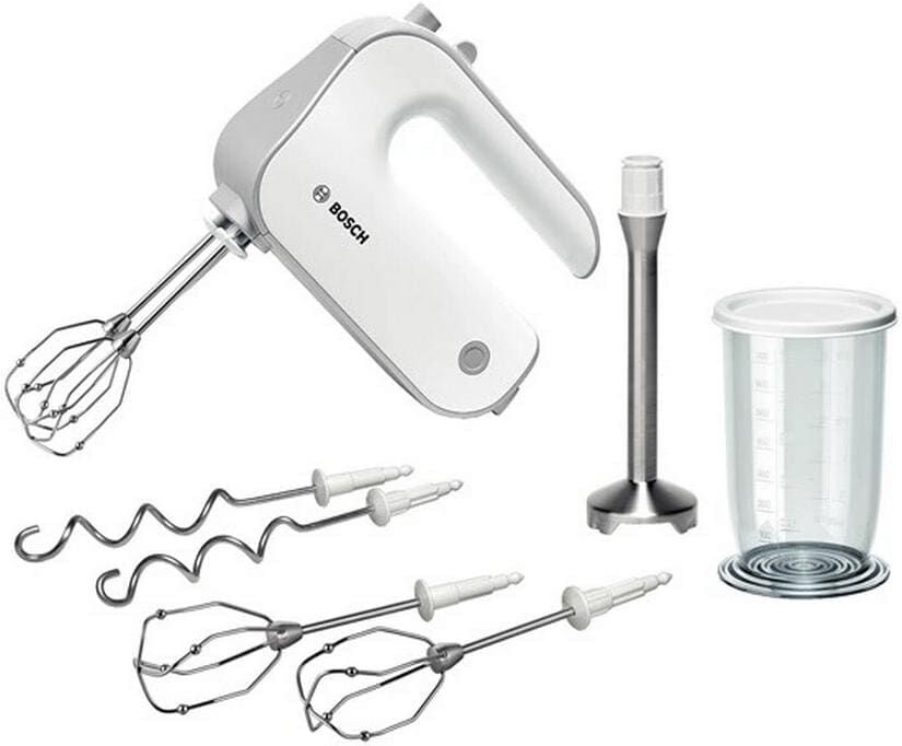 Bosch Handmixer "Styline MFQ4075DE, 2x Rührbesen, Knethaken Edelst., Mixfuss, weiss", weiß, B:20cm H:14,2cm T:7,5cm, Mixer, 5 Stufen, Turbotaste, Mixbecher, Made in Europe, Handmixer weiß Einheitsgröße