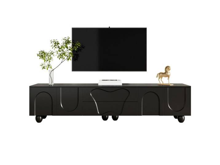 Meuble TV noir de 180 cm avec pieds en bois Un meuble TV minimaliste et élégant offrant un grand espace de rangement