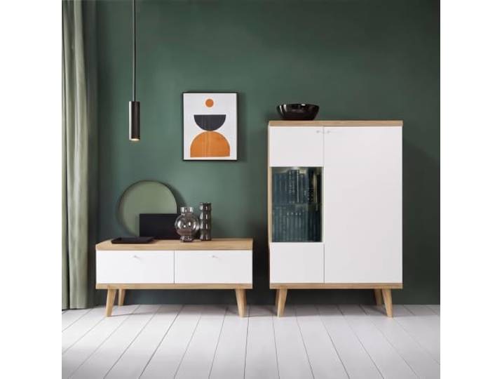 Lomadox Wohnmöbel Set in Weiß mit Eiche mit LED-Beleuchtung, 2-teilig
