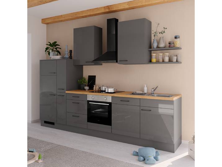 Küchenzeile Impuls 330 cm 330 x 235 x 60cm Ausrichtung links Grau/Hochglanz Grau mit Elektrogeräten