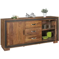 KADIMA DESIGN Design Sideboard Sheesham Massivholz mit Kunstleder 160x44x80 cm, Anrichte im rustikalen Landhausstil, Kommode mit Schubladen &