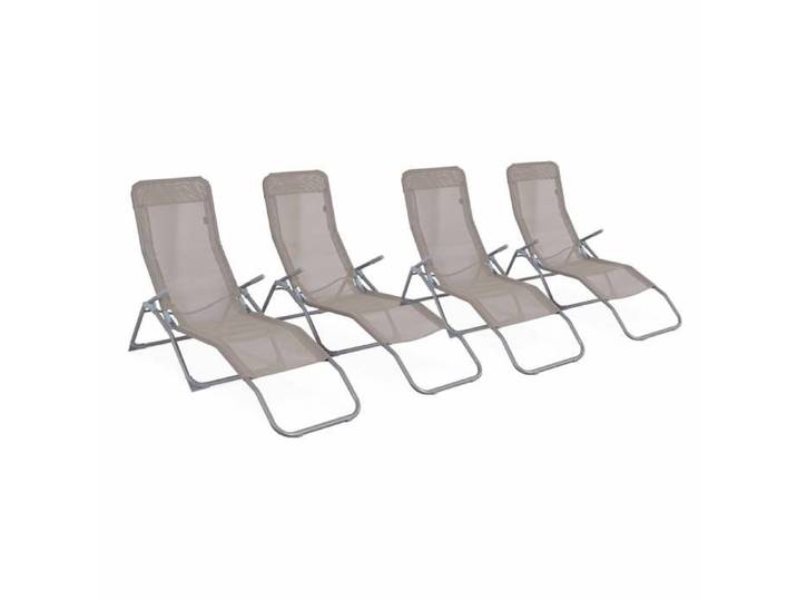 Lot de 4 bains de soleil pliants - Levito Taupe - Transats textilène 2 positions. chaises longues