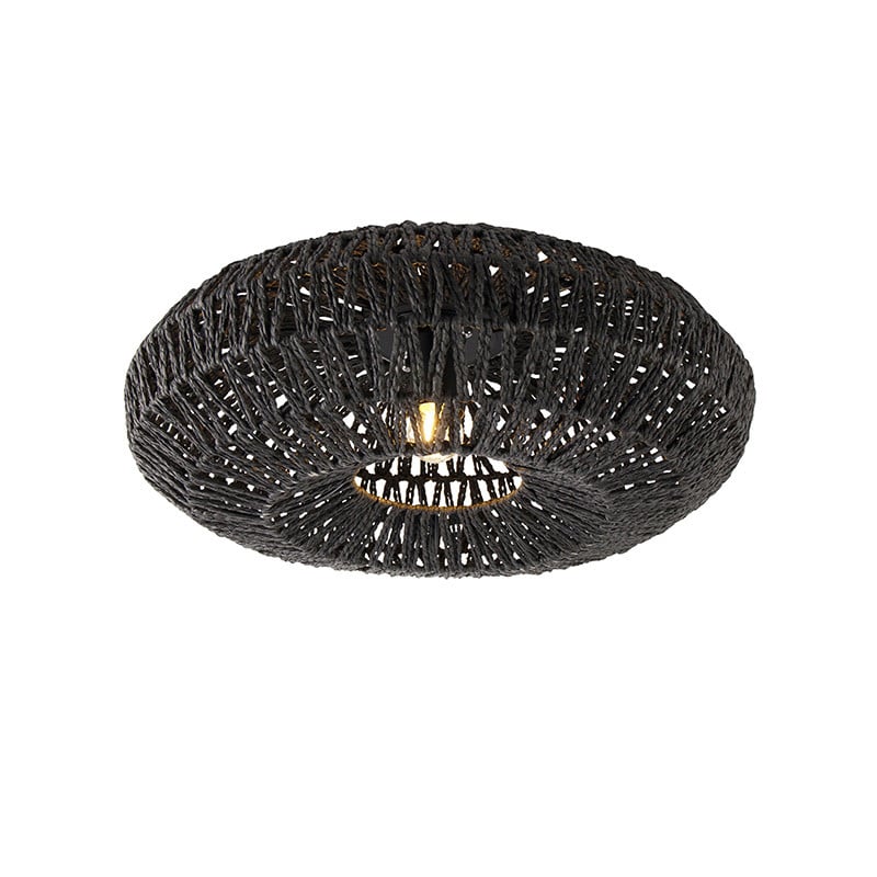 Qazqa Retro Plafondlamp Zwart Rattan en Textiel - Rond - E27