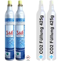 2 x CO2 Reserve-Zylinder 425 g Kohlensäure mit  Füllung 60l für Sprudlergeräte z...