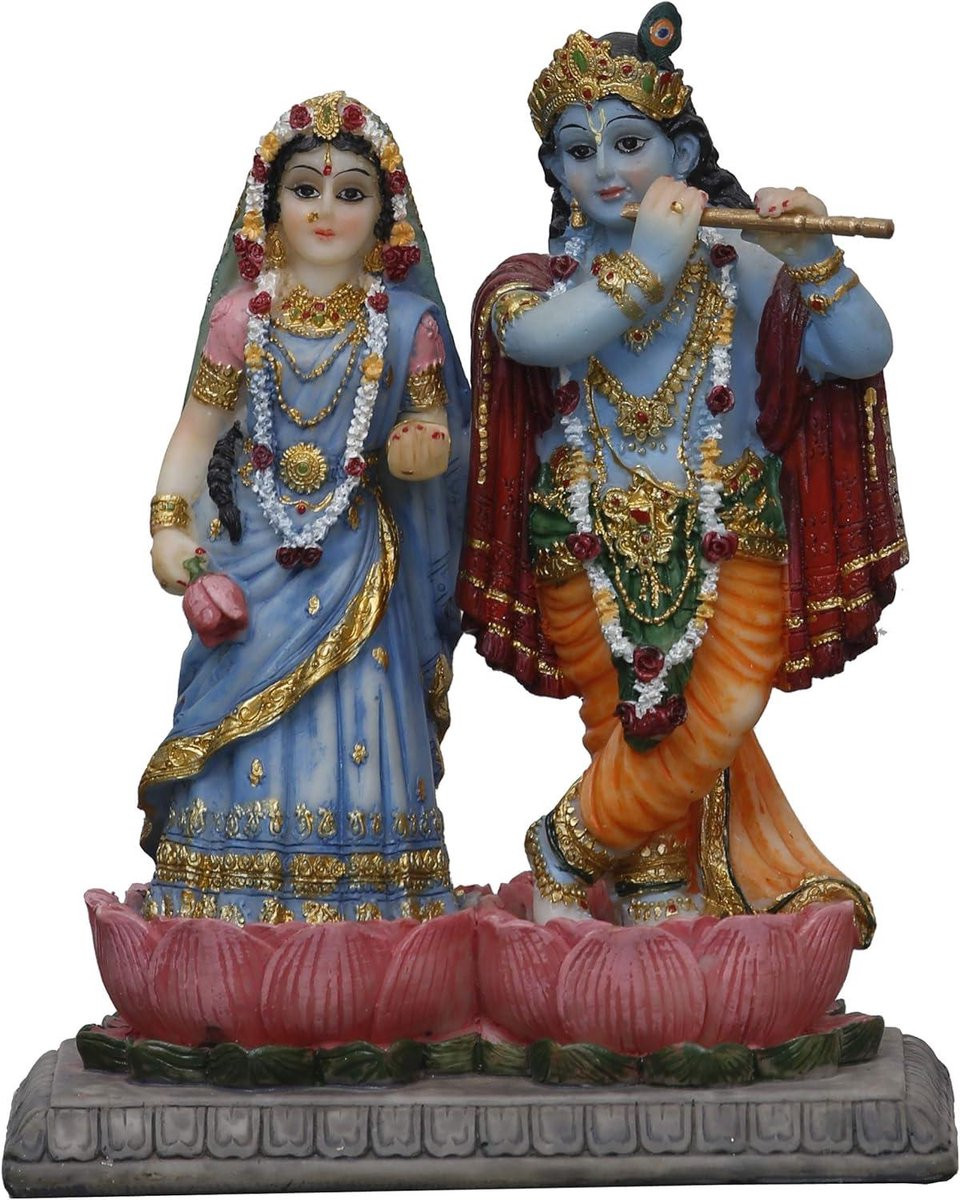 Radha Krishna Beeld - Hindoe Godin Idool op Lotus Podium - Veelkleurig - 15 cm