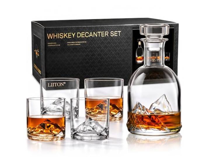 LIITON Everest Whisky-Dekanter-Set 1 L mit 4 Gläsern Bleifreier Kristall-Dekanter mit Everest-skulptierten Gläsern, kühlt Whisky ohne Eis, keine Verwässerung, 1 L