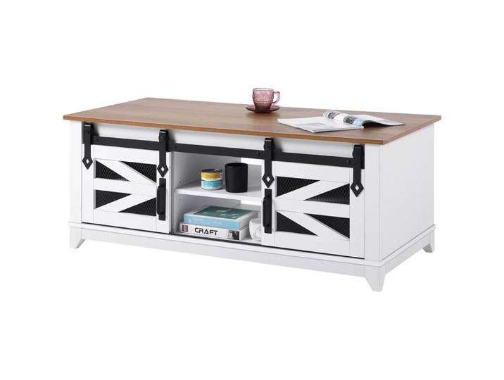 Table Basse - DUOKU - 48 Pouces - 2 Portes de Grange Coulissantes - 2 Niveaux - Bois Naturel et Blanc