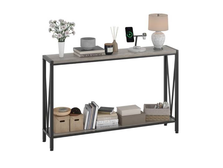 Table Console Console d'Entrée 120x60x25 cm Meuble Étroite à 2 Niveaux+Étagères Ouvertes pour Salon Couloir Gris
