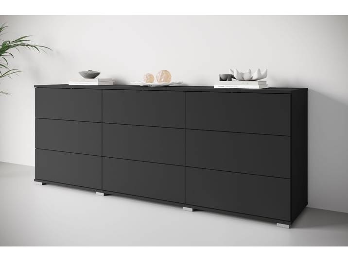 Sideboard GOODPRODUCT Kenia, Kommode, 180 cm breit, mit 9 Schubladen , schwarz (graphit schwarz matt), B:180cm H:69,7cm T:39,5cm, Holzwerkstoff, Sideboards, Sideboard, Push-to-Open-System und grosszügiger Stauraum