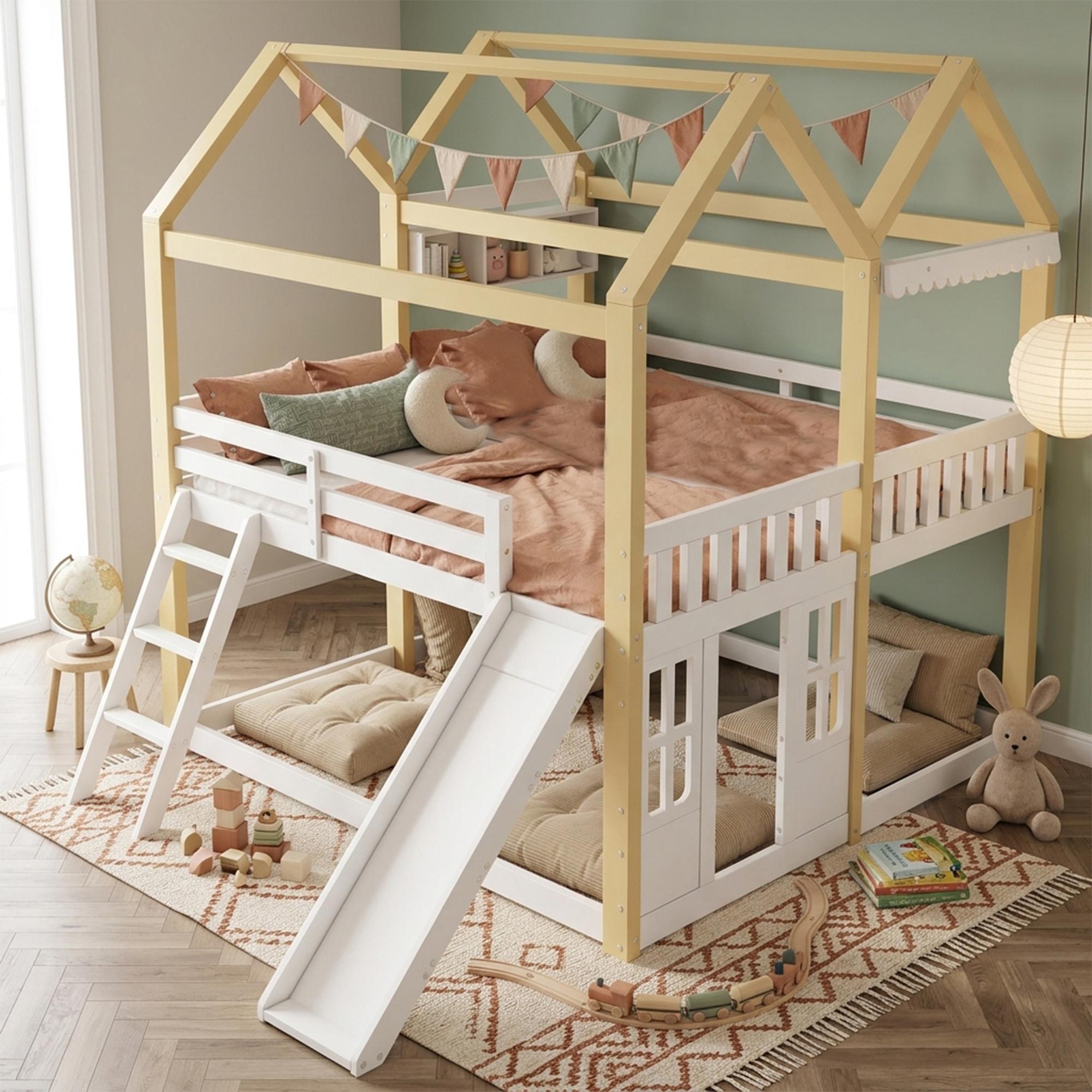 Flieks Etagenbett 90x200cm mit Rutsche, Kinder Hochbett mit Tür und Fenster, Kinderbett Hausbett mit Leiter und Rausfallschutz, Naturbelassen