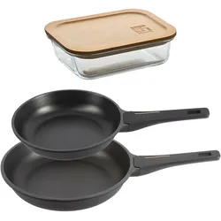 BERGNER - Set mit 2 Bratpfannen Ø24/28cm aus Aluminiumguss mit Bakelitgriff mit Vorratsglas 650 ml aus Borosilikatglas NATURALLY