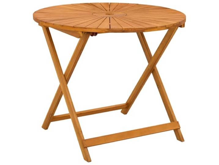 POUFGDR Klapptisch aus Akazie, Ø 90 cm Wetterfest, Loch für Sonnenschirm, Drainage-Tablett, rustikaler Stil, für Garten, Terrasse oder Balkon