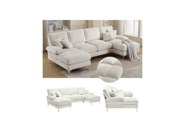 Canapé - OEM - Grand canapé U en Chenille - 4 places - Beige - Relaxation