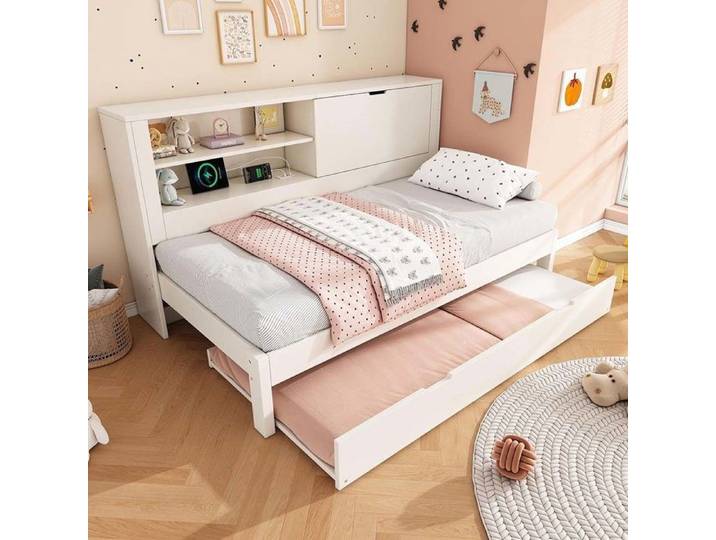Canapé‑lit - YEHTOKHOME - 90/180×190 cm - Lit gigogne - Étagères & rangement - Station de recharge USB/USB‑C