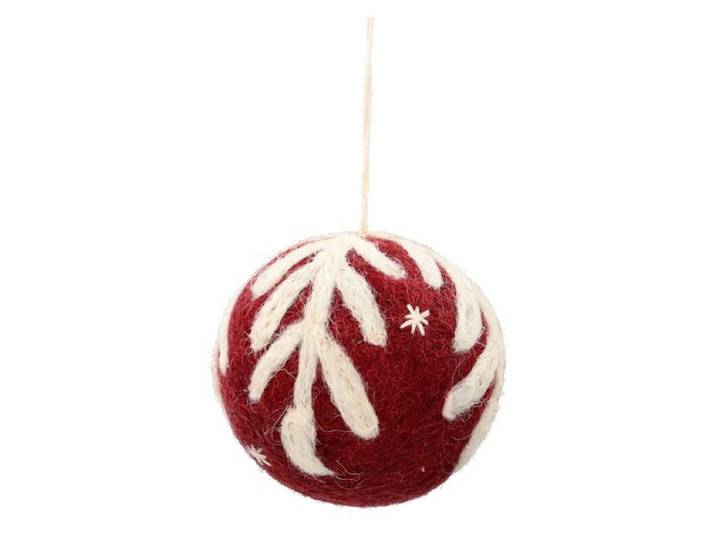 Rode kerstbal met witte tak, vilt, Ø6 cm