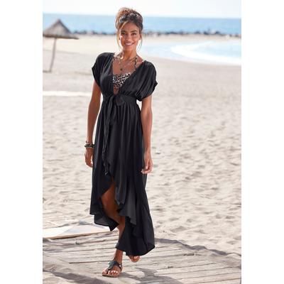 Strandkleid LASCANA, Damen, Gr. 34, N-Gr, schwarz, Web, Obermaterial: 100% Modal, figurumspielend knöchelfrei, tiefer V-Ausschnitt, Kleider Strandkleid, mit Bändern zum Knoten